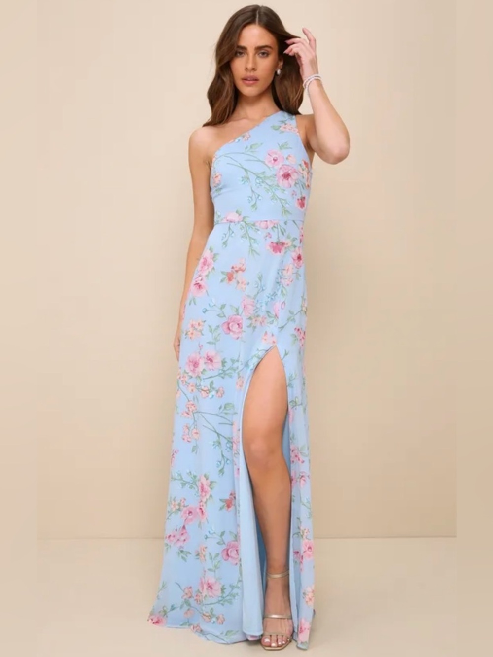 Lulus Elegant Admiration Light Blue Floral One-Shoulder Maxi Dress XS